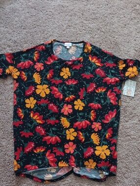LuLaRoe Black Tee with Red & Mustard Floral Print